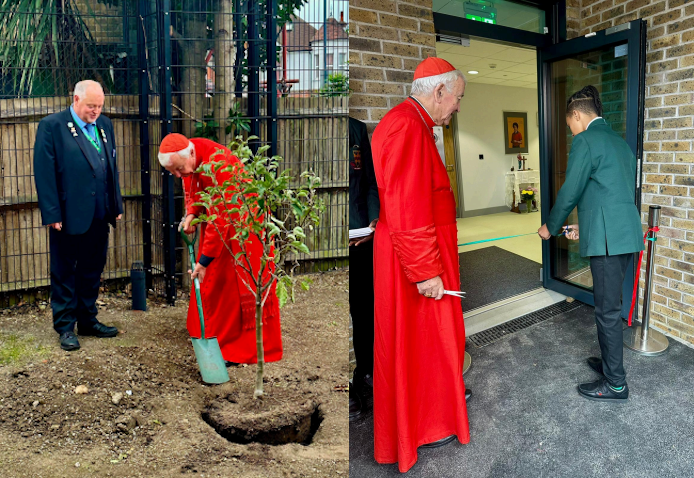 Photo 1: Cardinal Nichols plants a new apple tree at the entrance of the Saint Carlo Acutis Block, signifying growth and nurturing. Photo 2: Cardinal Nichols and Keyondre Ebanks cut the ribbon, symbolising the opening of the Saint Carlo Acutis Block.